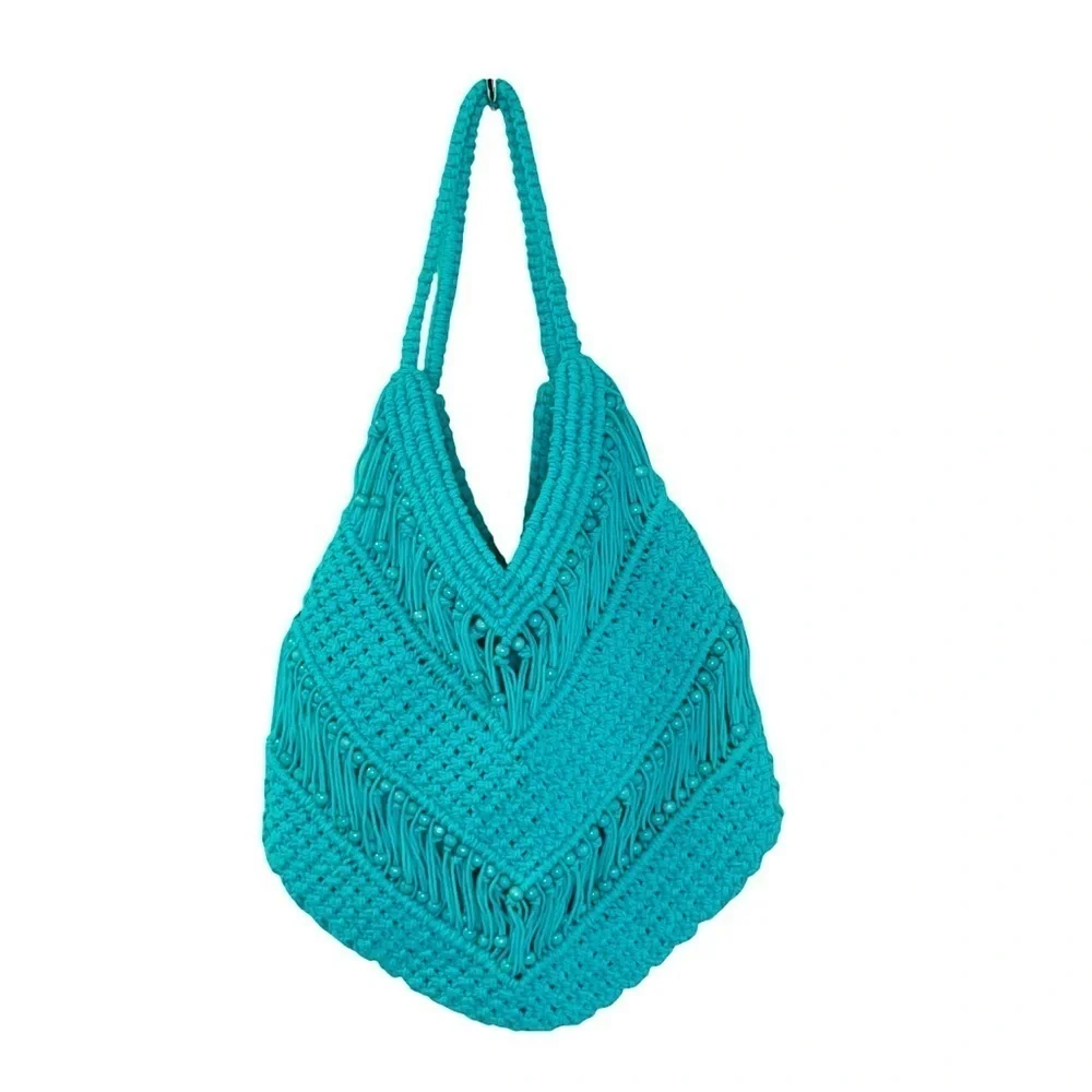 Macrame Shoulder Bag Aqua Beaded Boho Hippie Summer made in India